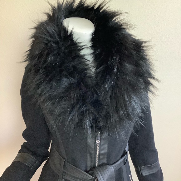 Guess Black Faux Fur Trimmed Wool Coat - Picture 8 of 16